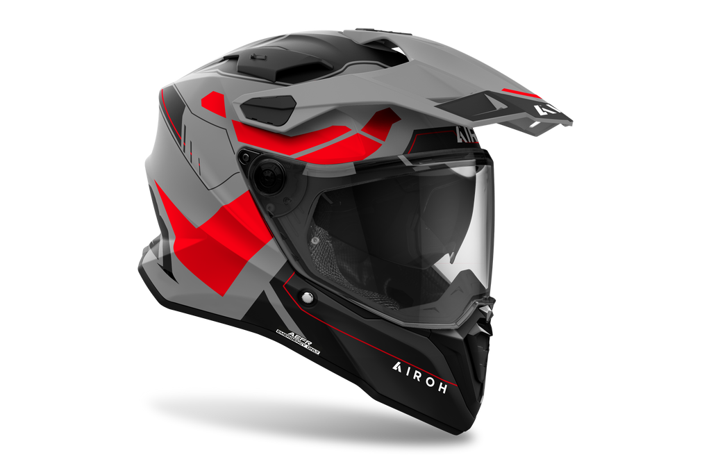 Airoh Commander 2 Reveal grigio e rosso opaco casco adventure, tre quarti anteriore sinistra con frontino