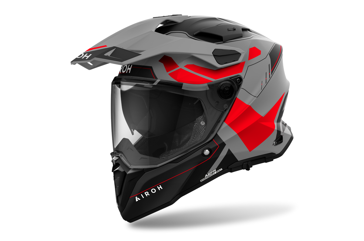 Airoh Commander 2 Reveal grigio e rosso opaco casco adventure, tre quarti anteriore destra, visiera chiusa