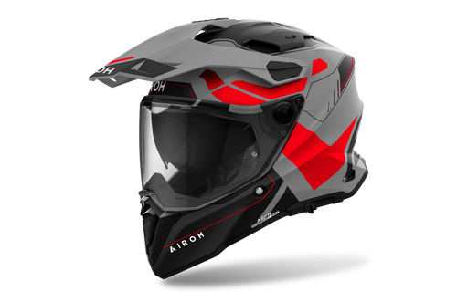 Airoh Commander 2 Reveal grigio e rosso opaco casco adventure, tre quarti anteriore destra, visiera chiusa