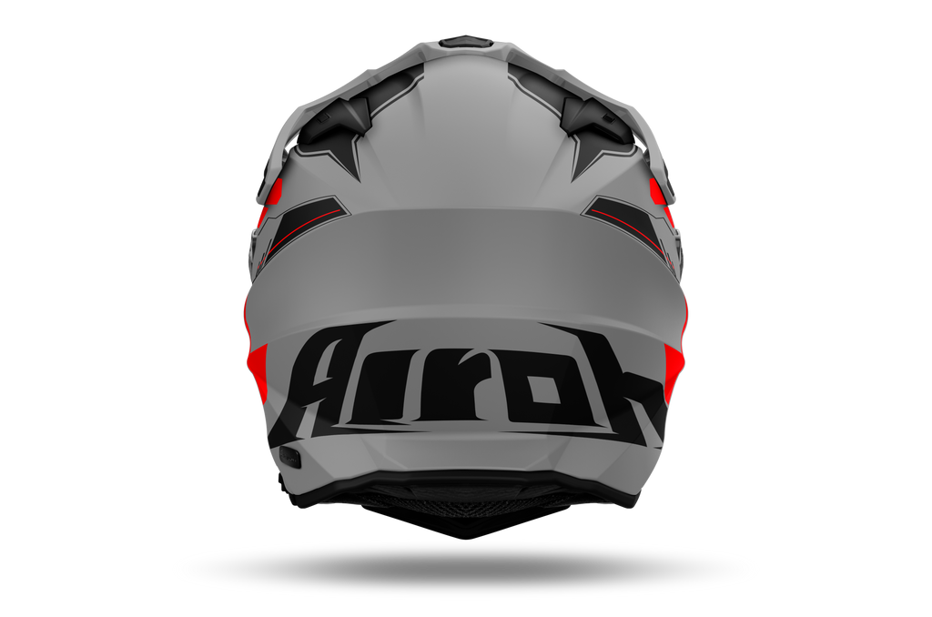 Airoh Commander 2 Reveal grigio e rosso opaco casco adventure, vista posteriore, logo Airoh sulla nuca