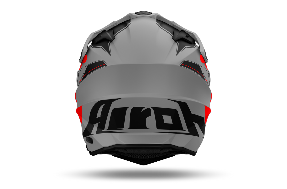 Airoh Commander 2 Reveal grigio e rosso opaco casco adventure, vista posteriore, logo Airoh sulla nuca