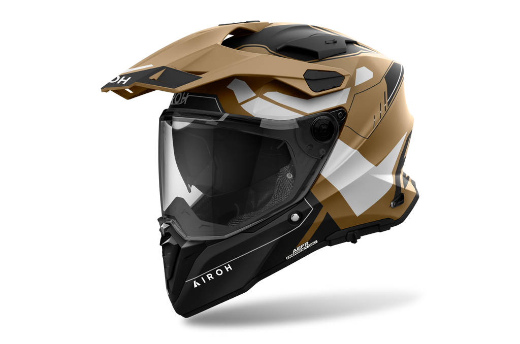 Airoh Commander 2 Reveal sabbia opaco casco adventure, tre quarti anteriore sinistra con frontino