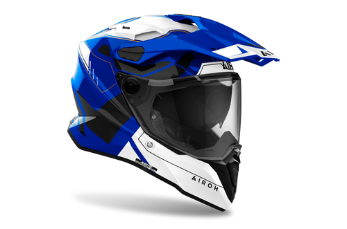 Airoh Commander 2 Reveal blu e bianco lucido casco adventure, tre quarti anteriore sinistra con frontino