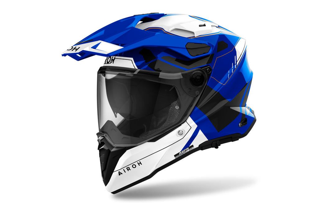 Airoh Commander 2 Reveal blu e bianco lucido casco adventure, tre quarti anteriore destra, visiera chiusa