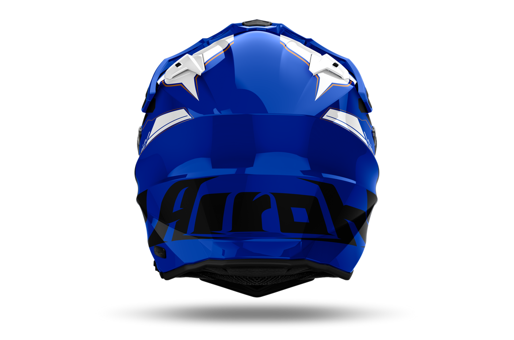 Airoh Commander 2 Reveal blu e bianco lucido casco adventure, vista posteriore, logo Airoh sulla nuca