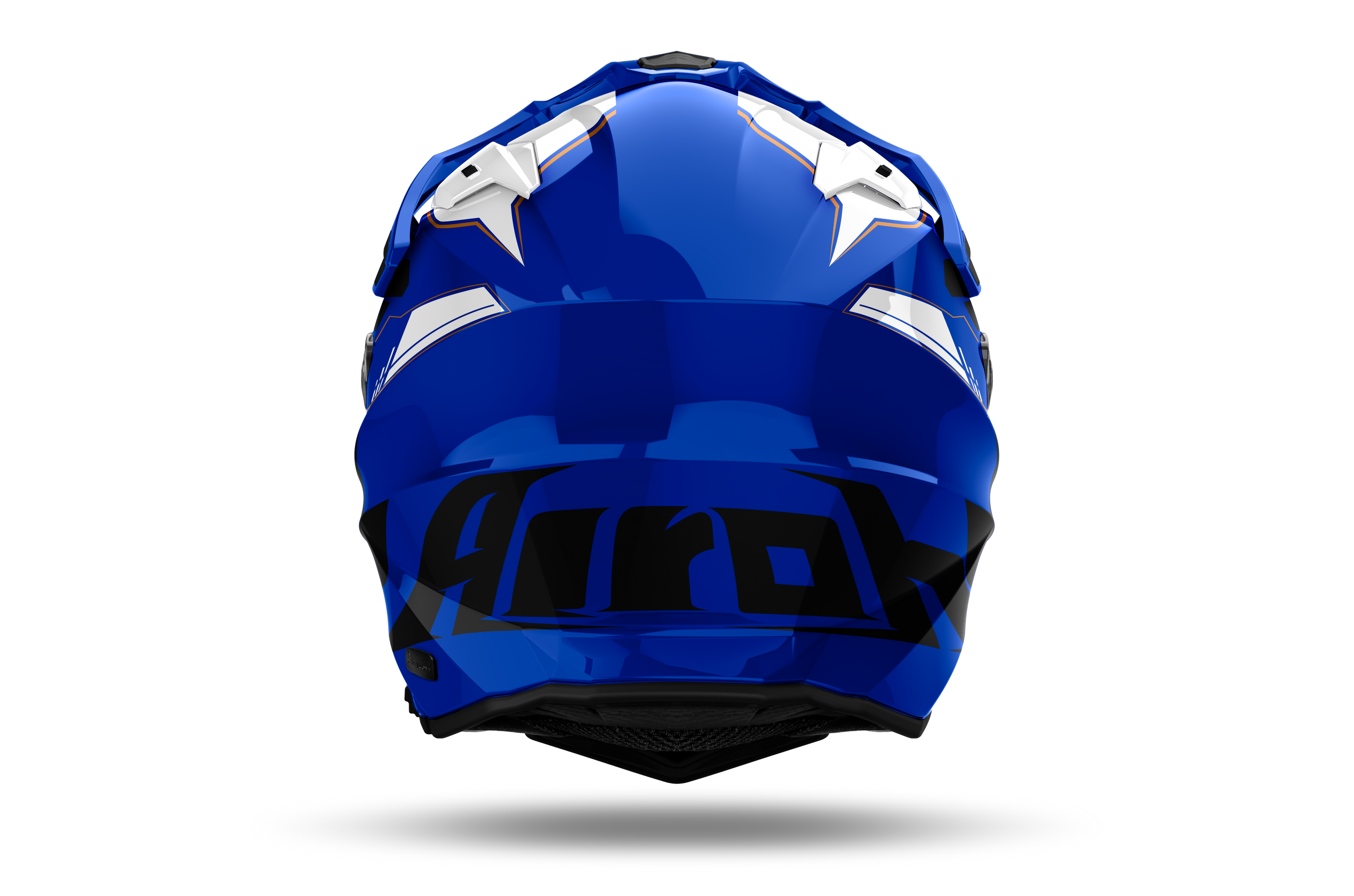 Airoh Commander 2 Reveal blu e bianco lucido casco adventure, vista posteriore, logo Airoh sulla nuca