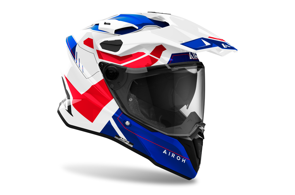Airoh Commander 2 Reveal bianco, blu e rosso lucido casco adventure, tre quarti anteriore destra, visiera chiusa