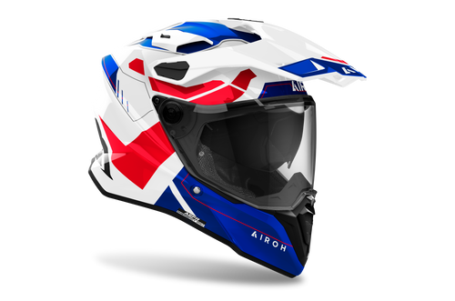 Airoh Commander 2 Reveal bianco, blu e rosso lucido casco adventure, tre quarti anteriore destra, visiera chiusa