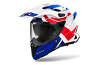 Airoh Commander 2 Reveal bianco, blu e rosso lucido casco adventure, tre quarti anteriore sinistra con frontino