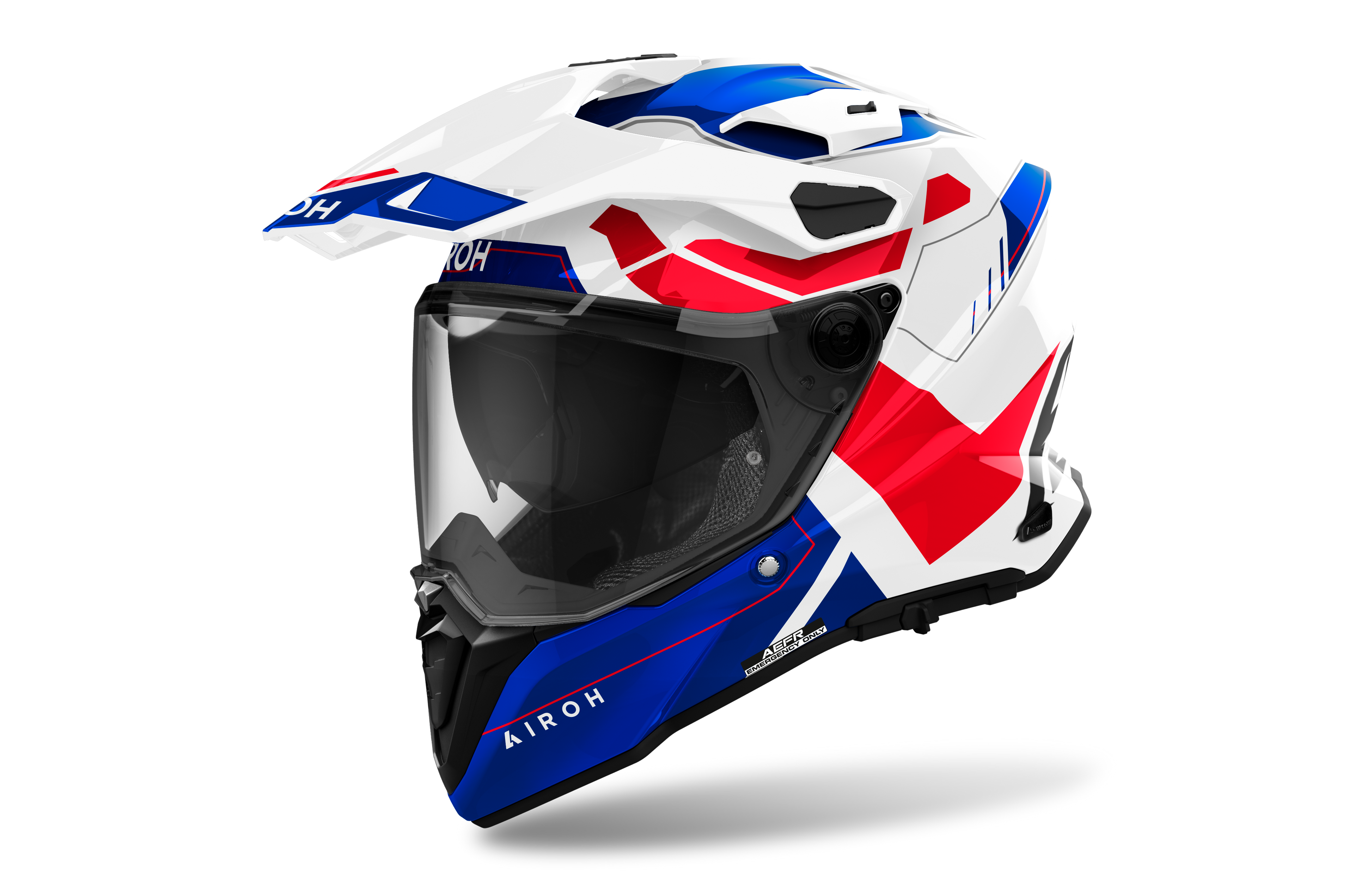 Airoh Commander 2 Reveal bianco, blu e rosso lucido casco adventure, tre quarti anteriore sinistra con frontino