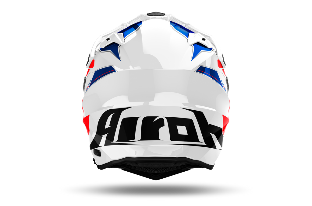 Airoh Commander 2 Reveal bianco, blu e rosso lucido casco adventure, vista posteriore, logo Airoh sulla nuca