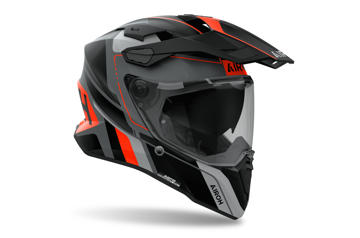 Airoh Commander 2 Skip nero e arancio opaco casco adventure, tre quarti anteriore sinistra con frontino