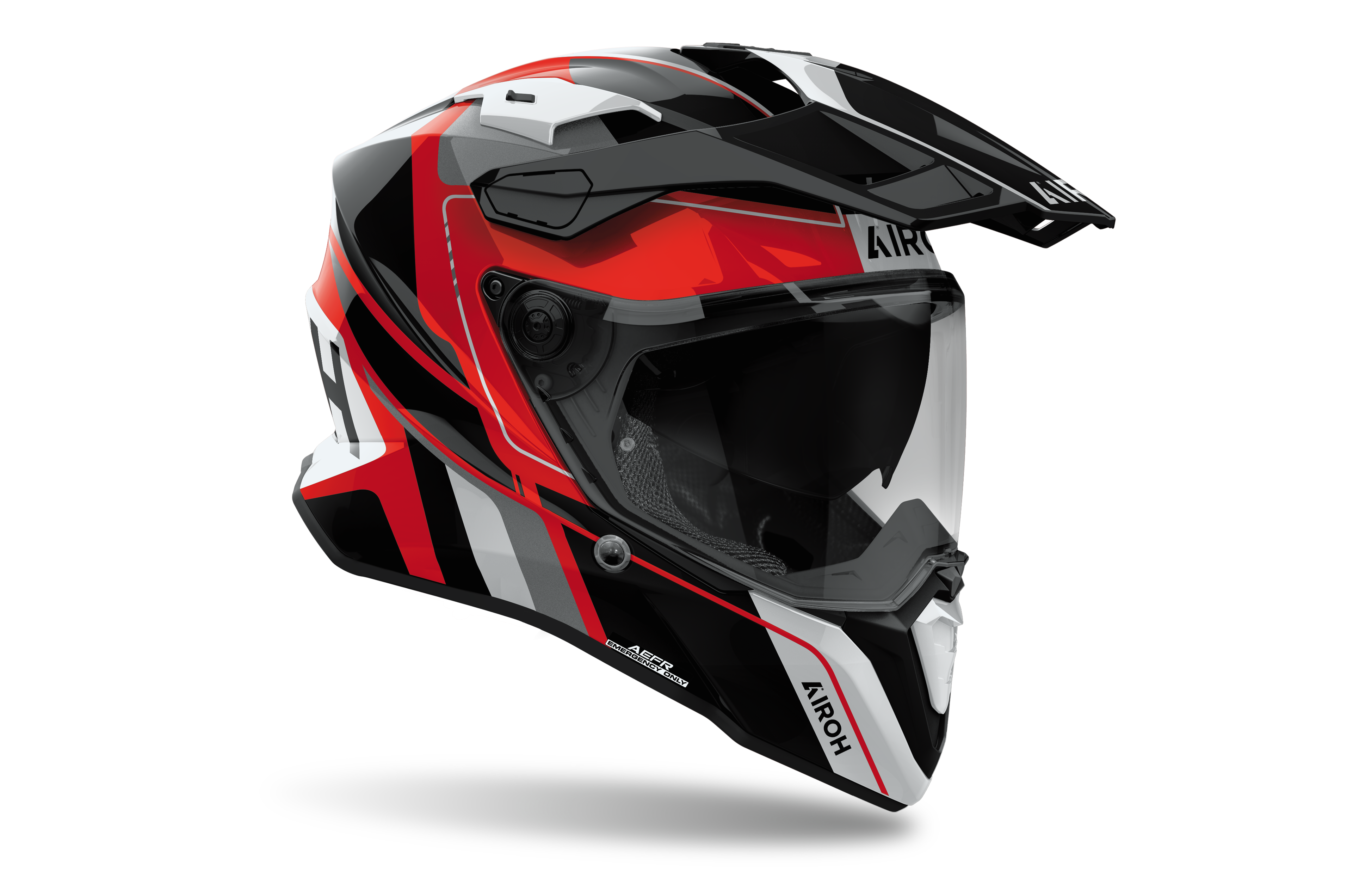Airoh Commander 2 Skip rosso, nero e bianco lucido casco adventure, tre quarti anteriore sinistra con frontino