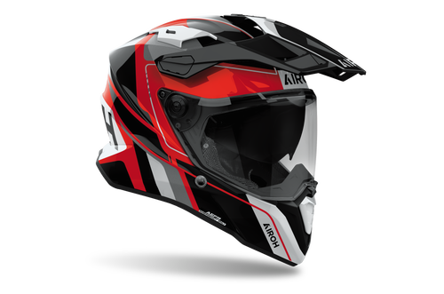 Airoh Commander 2 Skip rosso, nero e bianco lucido casco adventure, tre quarti anteriore sinistra con frontino