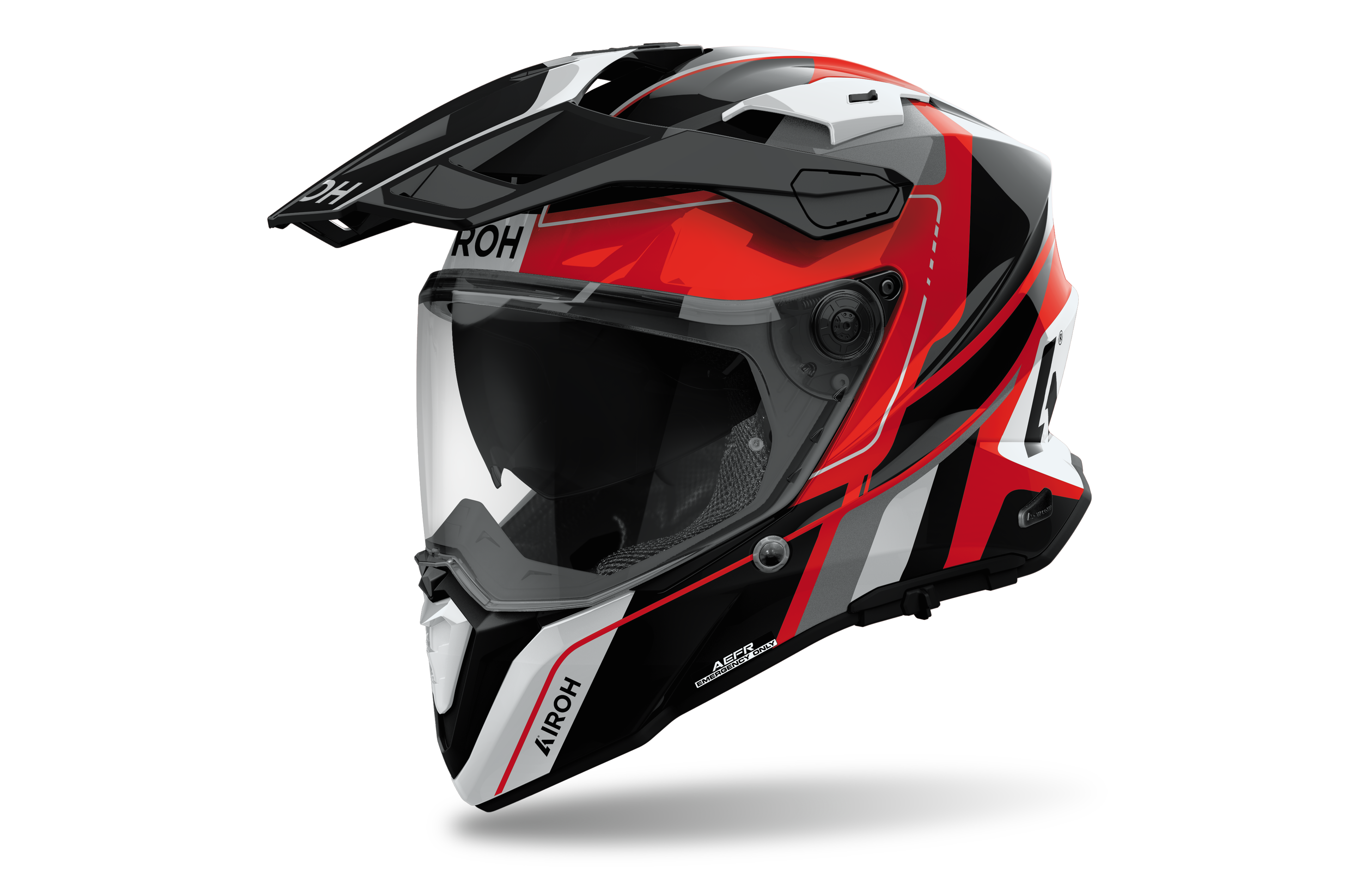 Airoh Commander 2 Skip rosso, nero e bianco lucido casco adventure, tre quarti anteriore destra, visiera chiusa