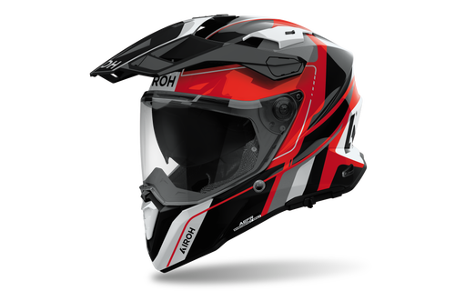 Airoh Commander 2 Skip rosso, nero e bianco lucido casco adventure, tre quarti anteriore destra, visiera chiusa