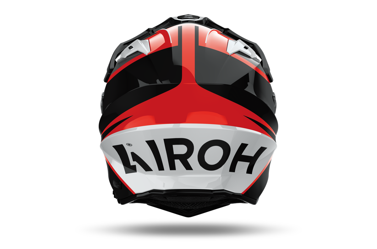 Airoh Commander 2 Skip rosso, nero e bianco lucido casco adventure, vista posteriore, logo Airoh sulla nuca