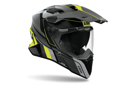 Airoh Commander 2 Skip nero e giallo fluo opaco casco adventure, tre quarti anteriore destra, visiera chiusa