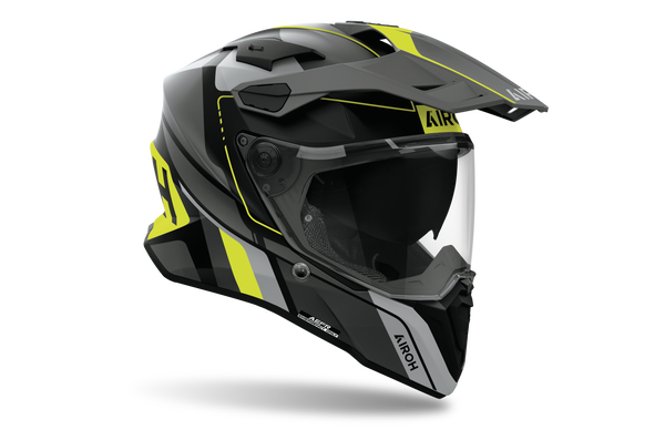 Airoh Commander 2 Skip nero e giallo fluo opaco casco adventure, tre quarti anteriore destra, visiera chiusa