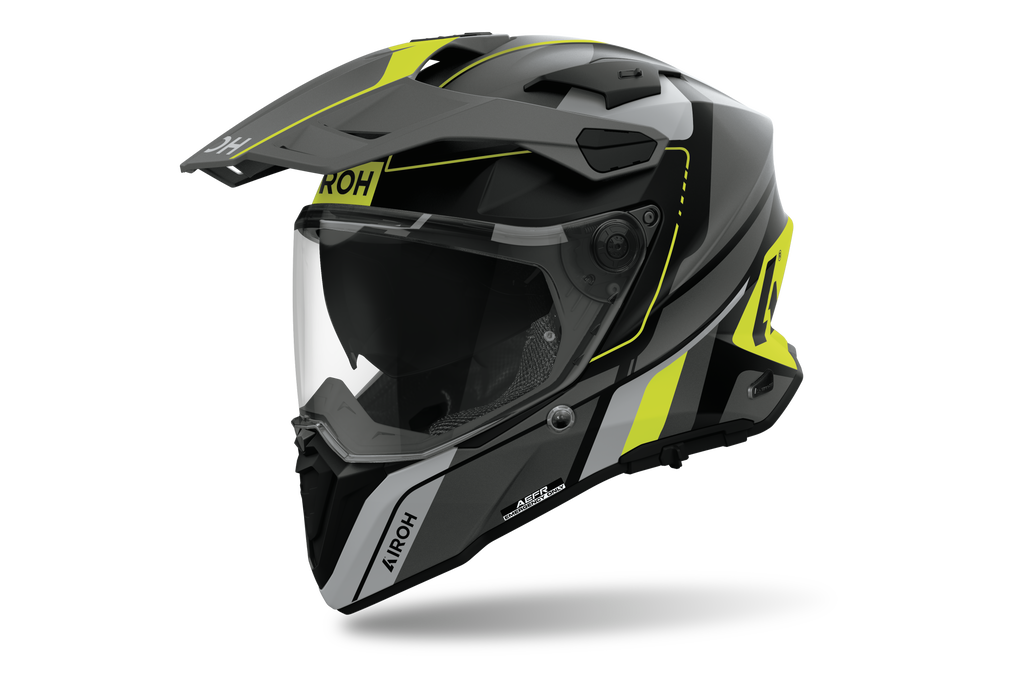 Airoh Commander 2 Skip nero e giallo fluo opaco casco adventure, tre quarti anteriore sinistra con frontino