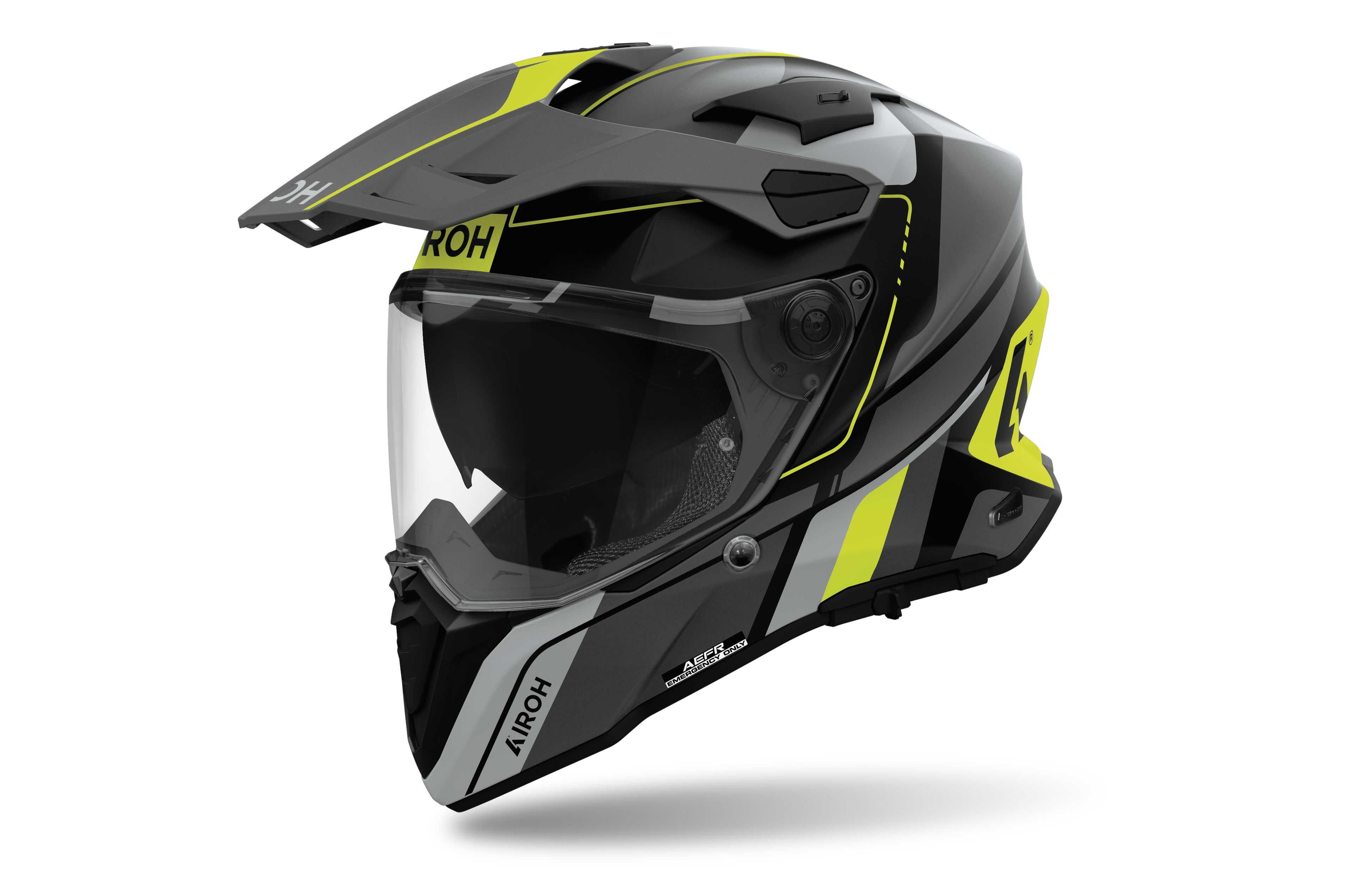 Airoh Commander 2 Skip nero e giallo fluo opaco casco adventure, tre quarti anteriore sinistra con frontino