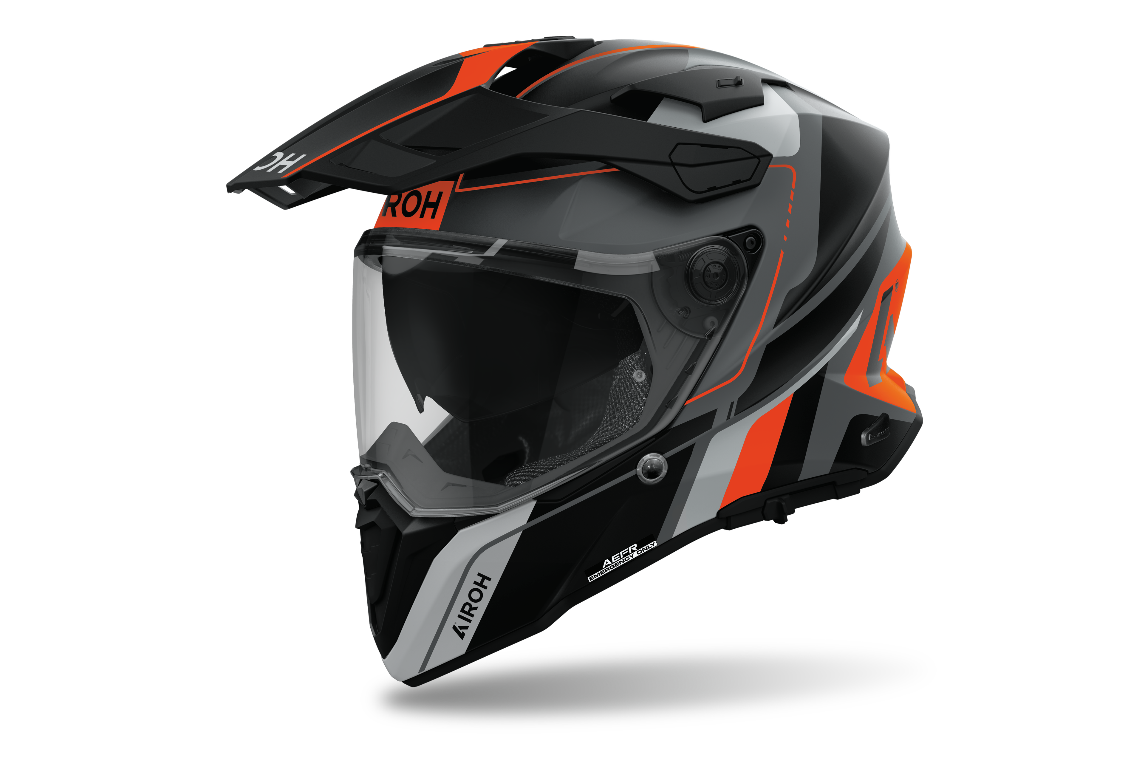 Airoh Commander 2 Skip nero e arancio opaco casco adventure, tre quarti anteriore destra, visiera chiusa