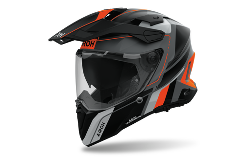 Airoh Commander 2 Skip nero e arancio opaco casco adventure, tre quarti anteriore destra, visiera chiusa