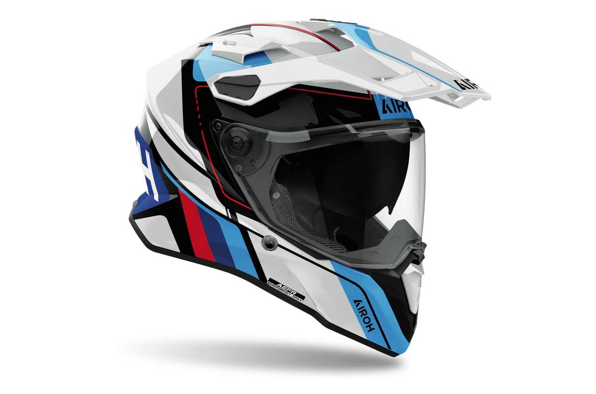Airoh Commander 2 Skip bianco, blu e rosso lucido casco adventure, tre quarti anteriore destra, visiera chiusa