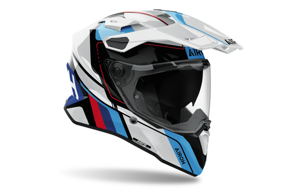 Airoh Commander 2 Skip bianco, blu e rosso lucido casco adventure, tre quarti anteriore destra, visiera chiusa