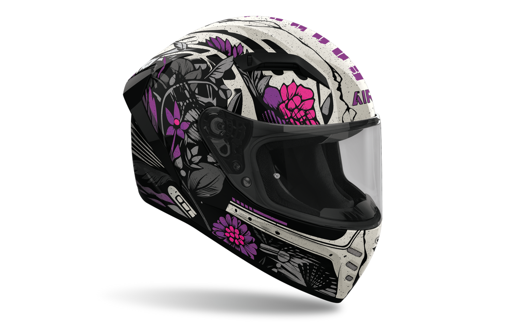 Casco integrale Airoh Connor Bloom bianco e nero con fiori rosa cod. CNBL17, tre quarti anteriore