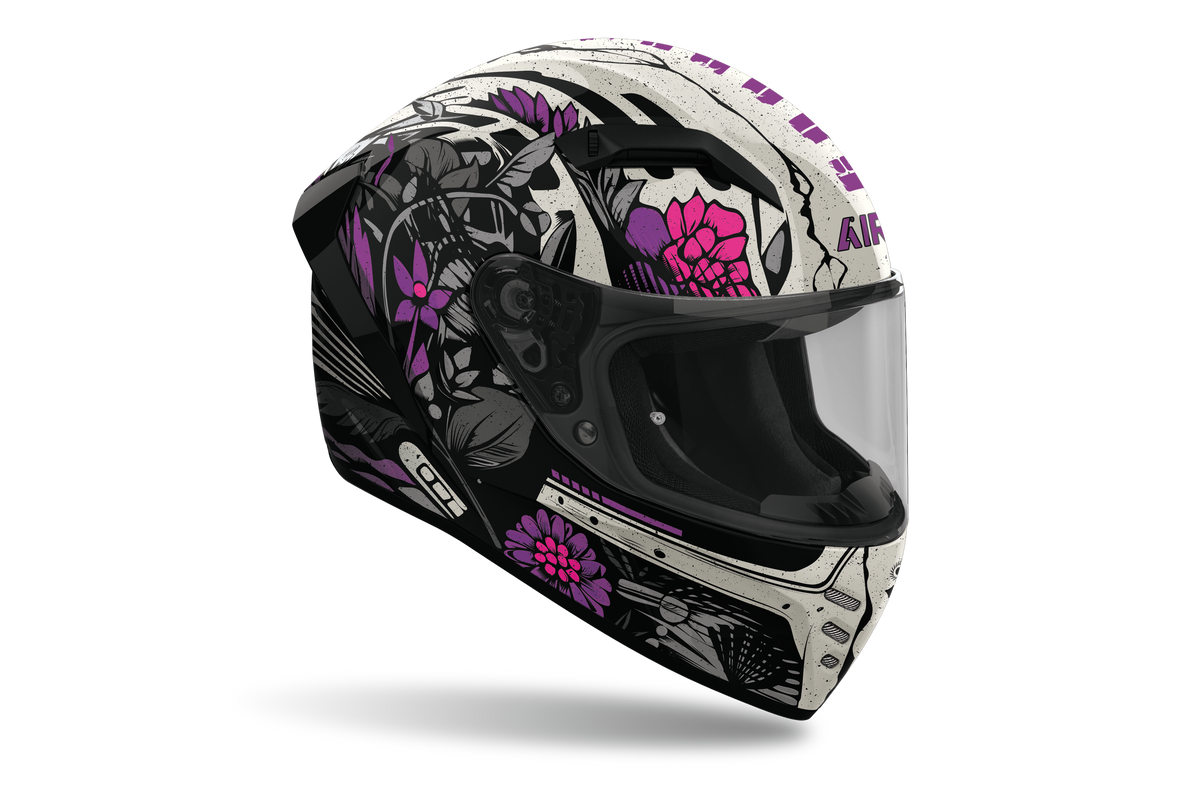 Casco integrale Airoh Connor Bloom bianco e nero con fiori rosa cod. CNBL17, tre quarti anteriore