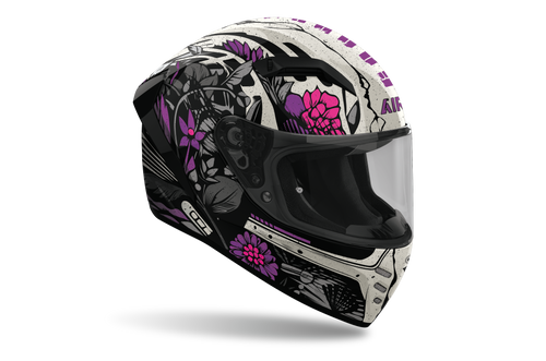 Casco integrale Airoh Connor Bloom bianco e nero con fiori rosa cod. CNBL17, tre quarti anteriore