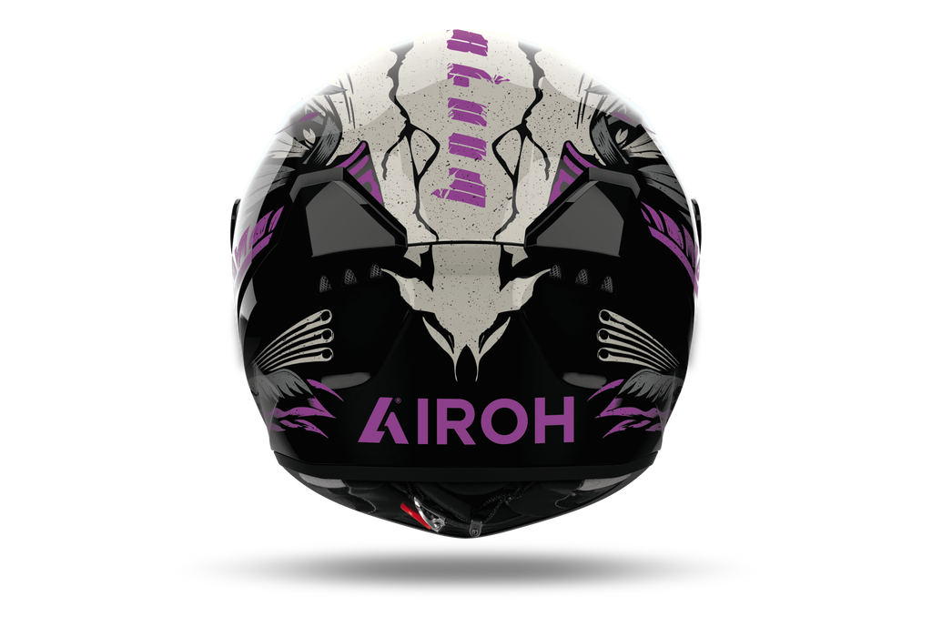 Airoh Connor Bloom bianco e nero con fiori rosa CNBL17, vista posteriore con estrattori e logo Airoh