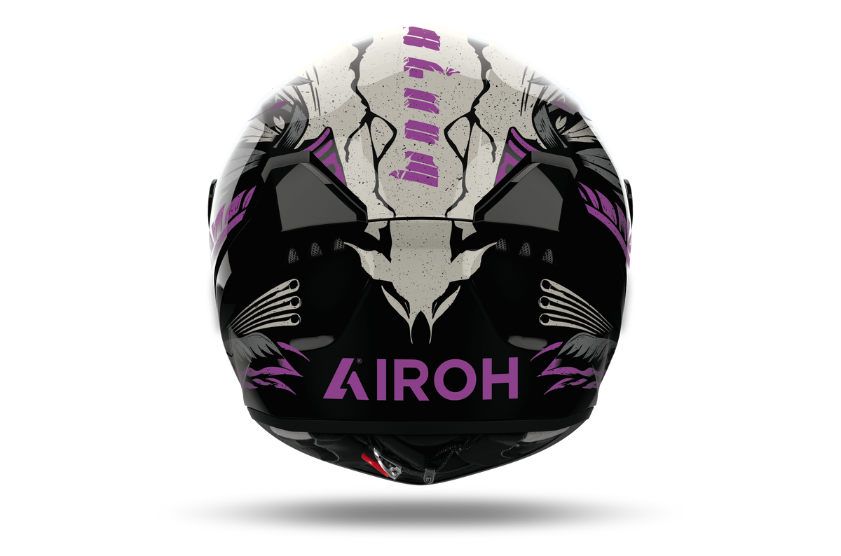 Airoh Connor Bloom bianco e nero con fiori rosa CNBL17, vista posteriore con estrattori e logo Airoh