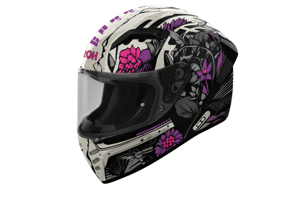 Airoh Connor Bloom bianco e nero con fiori rosa CNBL17: profilo laterale