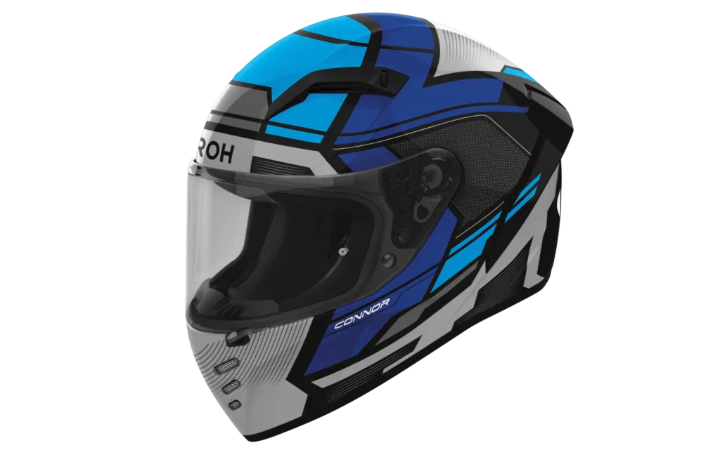 Airoh Connor Ego blu e grigio CNE18: profilo laterale del casco integrale