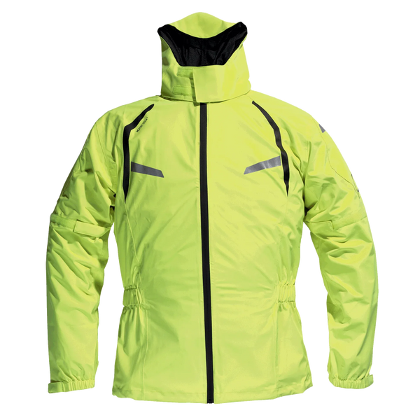 Giacca antipioggia moto Dane Byge XPR-Tex gialla fluo con cappuccio copricasco e collo nero, foto ufficiale Dane