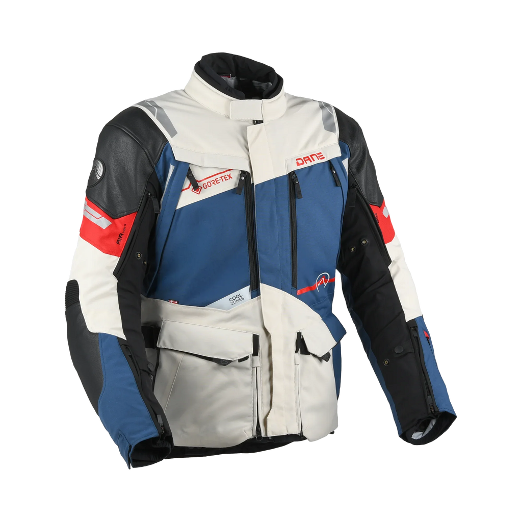 Giacca moto in pelle Dane Eventyr Gore-Tex Pro blu/beige, EN 17092 AA, foto Dane