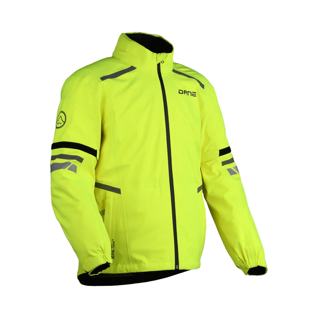 Giacca antipioggia moto Dane Husly XPR-Tex giallo fluo con inserti neri, vista tre quarti anteriore, foto ufficiale Dane