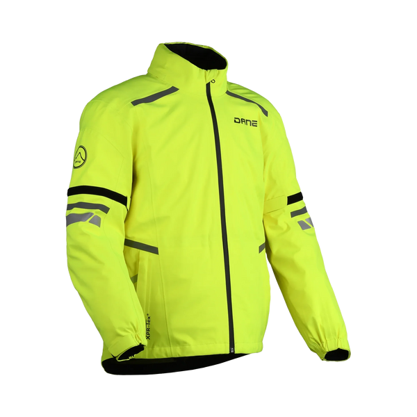 Giacca antipioggia moto Dane Husly XPR-Tex giallo fluo con inserti neri, vista tre quarti anteriore, foto ufficiale Dane