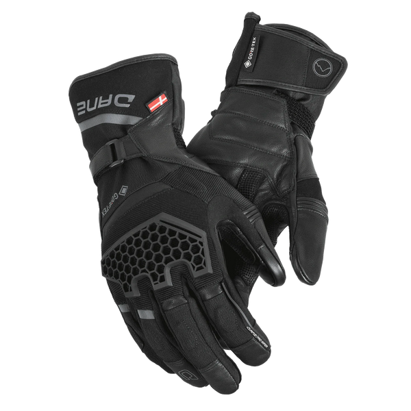 Guanti moto Dane Odin Gore-Tex Grip neri, dorso con protettore nocche in TPR e palmo in pelle rinforzato, foto ufficiale Dane