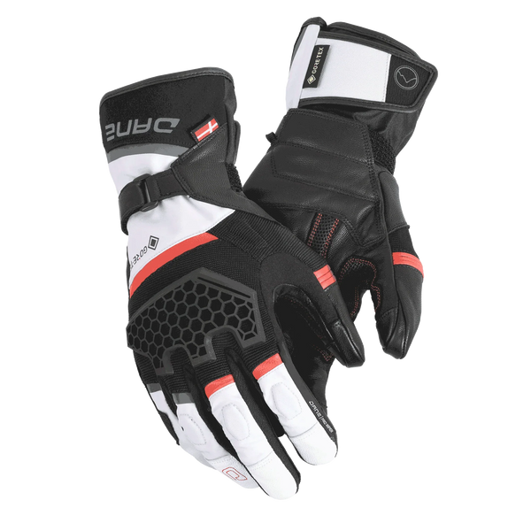 Guanti moto Dane Odin Gore-Tex Grip grigio chiaro e neri con inserti rossi, dorso con protettore nocche in TPR, foto ufficiale Dane