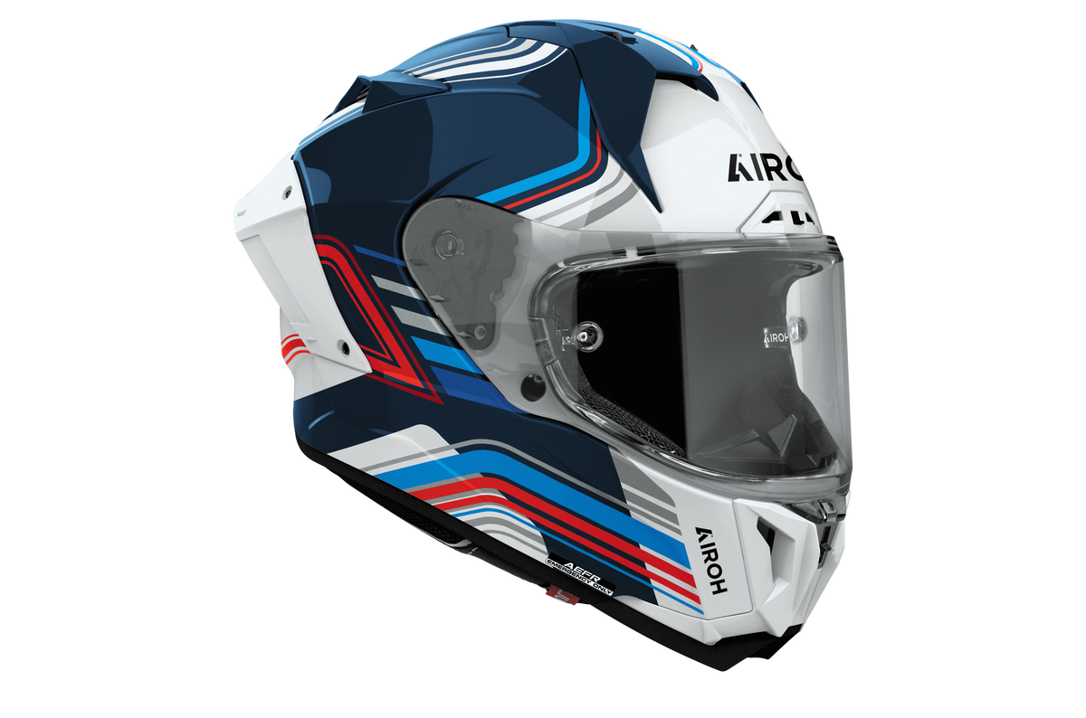 Casco integrale Airoh GP 800 Hurricane bianco blu e rosso cod. GP8H38, tre quarti anteriore