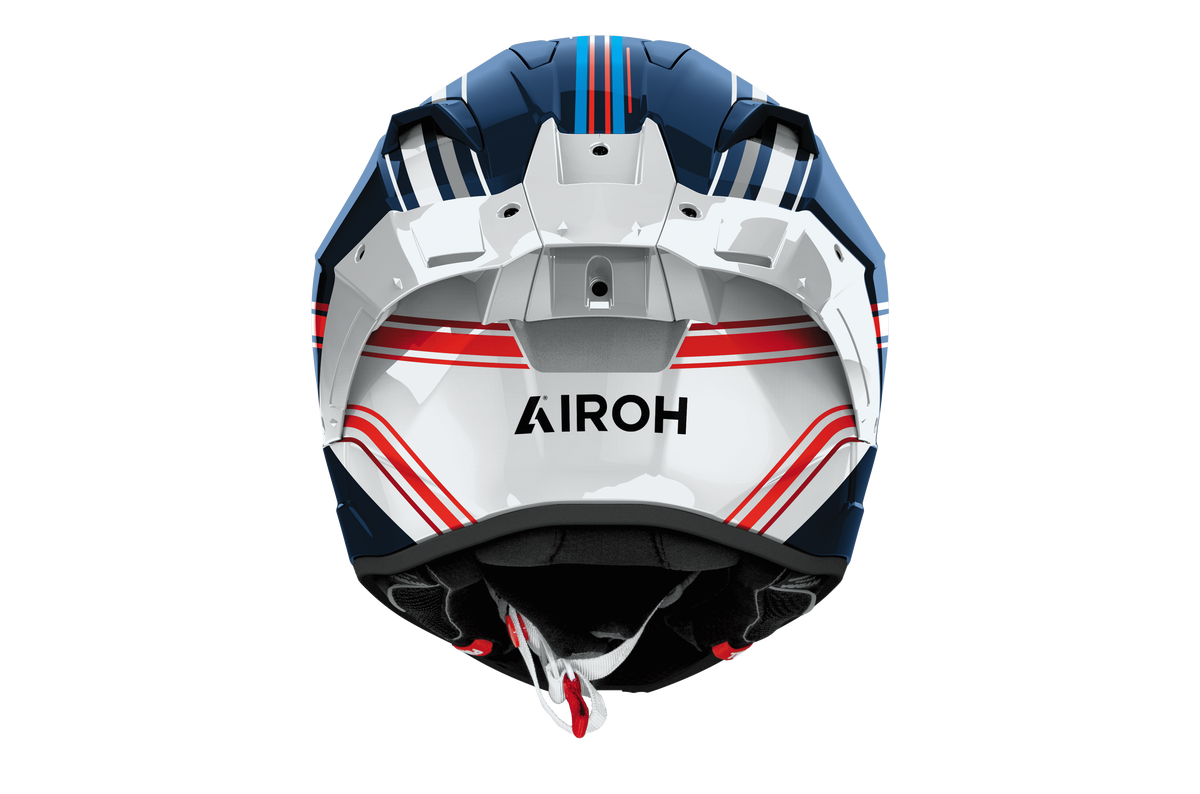 Airoh GP 800 Hurricane bianco blu e rosso GP8H38, vista posteriore con estrattori e logo Airoh