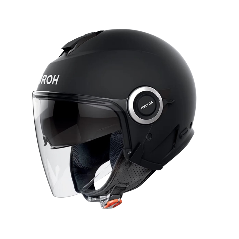 Airoh Helyos casco jet nero opaco, profilo sinistro con visiera trasparente abbassata