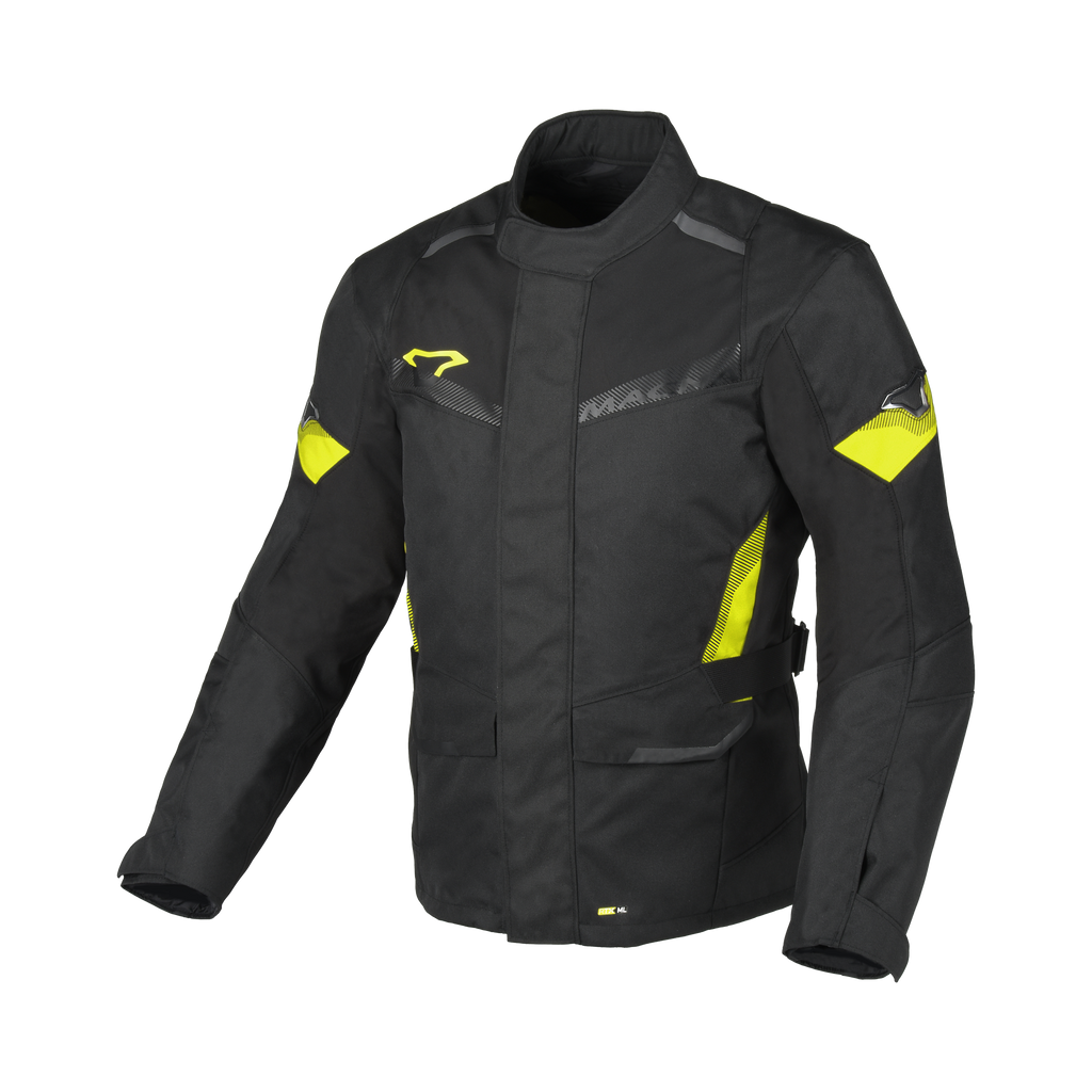 Macna Vaulture Nero/Giallo Fluo – Giacca Moto Touring Impermeabile CE Uomo – vista frontale