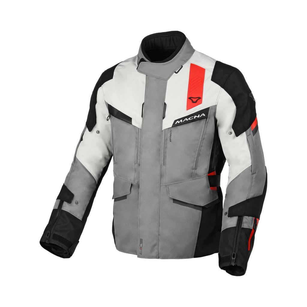 Macna Zastro Grigio/Rosso – Giacca Moto Adventure 4 Stagioni Impermeabile CE Uomo – vista frontale