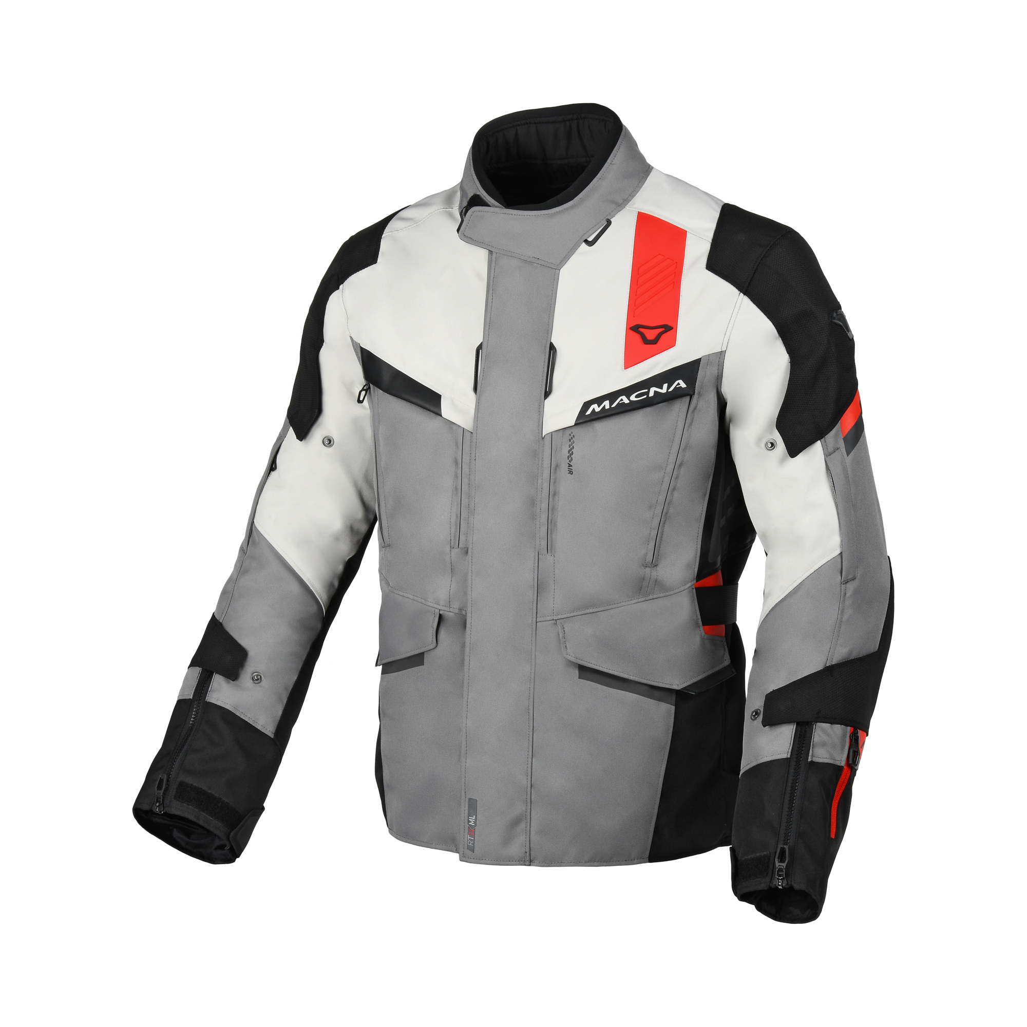 Macna Zastro Grigio/Rosso – Giacca Moto Adventure 4 Stagioni Impermeabile CE Uomo – vista frontale