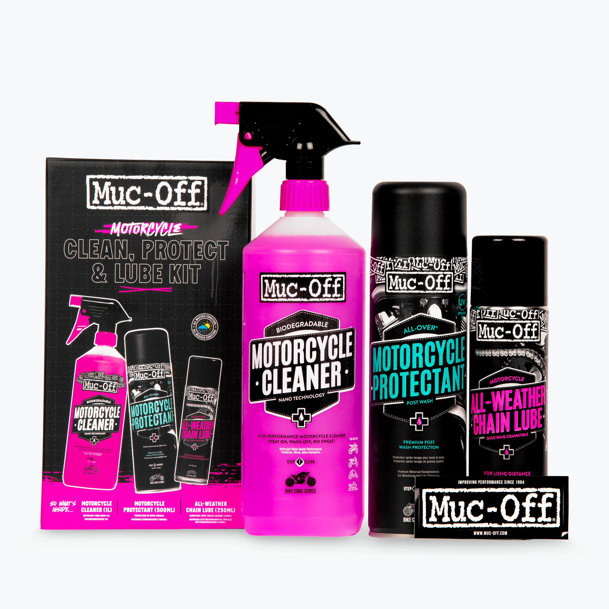 Muc-Off Clean Protect Lube Kit Moto: Detergente 1L, Protettivo 500ml e Lube Catena, codice articolo 171824