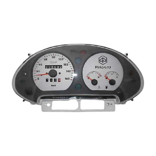Quadro strumenti originale Piaggio 581329 per Hexagon GTX 125 e 180, vista frontale: tachimetro analogico 0-160 km/h con totalizzatore a rulli, indicatori di livello carburante e temperatura, mascherina grigio antracite